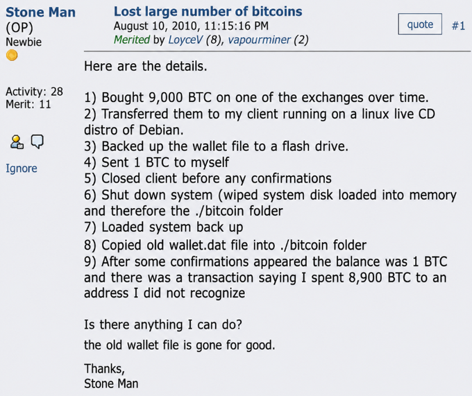 A forum post by user 'Stone Man' titled 'Lost large number of bitcoins' from August 10, 2010, detailing how 8,900 BTC were sent to an unrecognized address after restoring an old wallet file on a Debian Linux system.