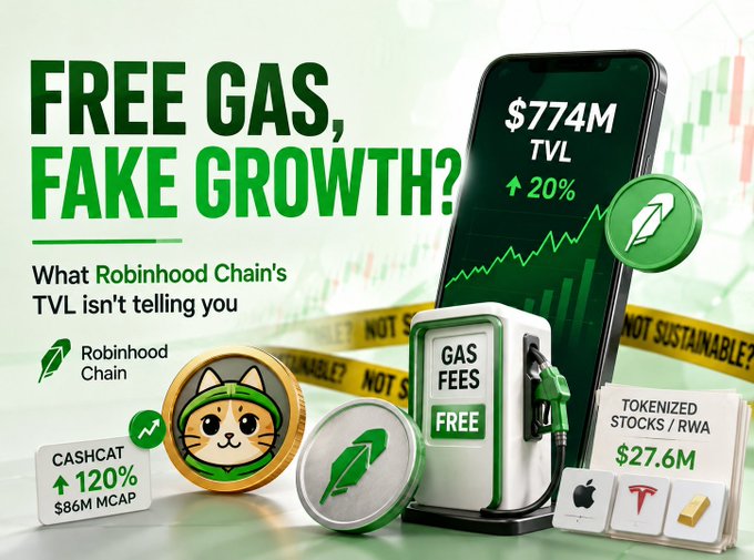 The image is a graphic questioning Robinhood Chain's $774M TVL (up 20%), suggesting "Free Gas, Fake Growth?" with accompanying visuals of a gas pump labeled "GAS FEES FREE," a Cashcat memecoin coin showing a 120% increase at $86M market cap, and tokenized stocks/RWA at $27.6M, reinforcing the post's argument that $Cashcat's performance—not Robinhood Chain's TVL—is the metric worth watching.