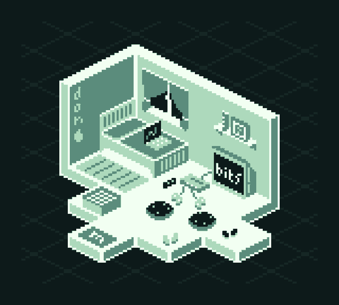 An isometric pixel art illustration of a minimalist room containing a couch, bed, desk with monitor, rug, and wall art, all rendered in light teal and white tones.
