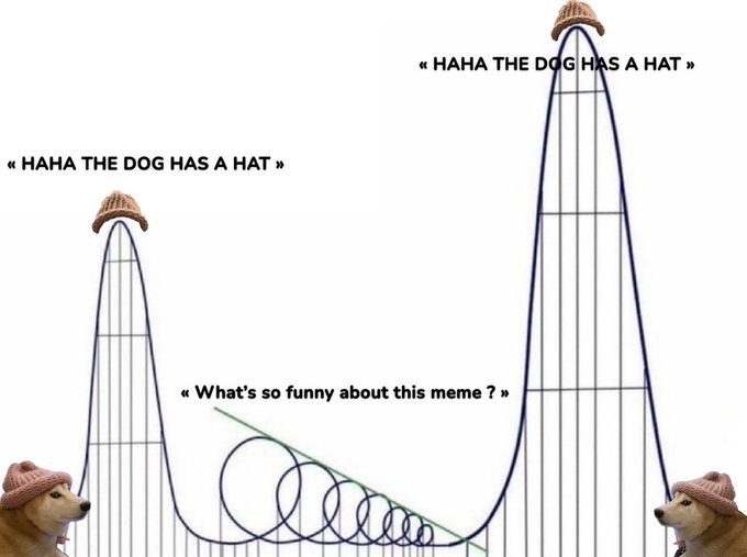 The image features a dog wearing a hat, standing next to two roller coasters - one with a green loop and another with a blue loop. Below these images, there are three lines of text that read "Ha ha the dog has a hat", "What's so funny about this meme?", and "Literally $WIF". The caption suggests that the image is related to a meme or humorous content involving roller coasters and dogs wearing hats.