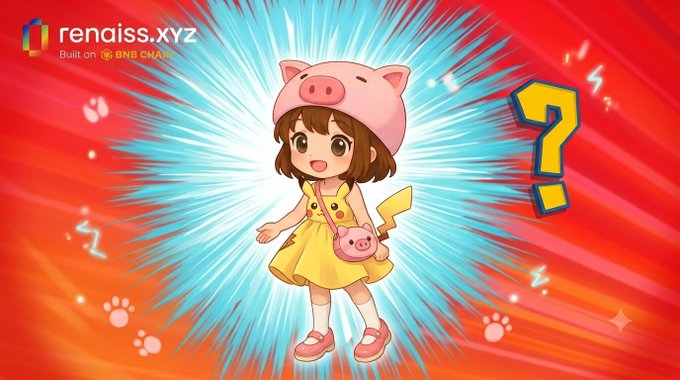 A cartoon girl wearing a pink pig hat, yellow Pikachu dress, and Pikachu bag stands against a bright red and blue burst background with 'renaiss.xyz Built on BNB CHAIN' in the corner and a large question mark beside her.