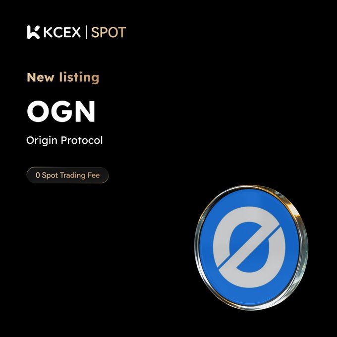 A KCEX Spot exchange announcement for the new listing of OGN (Origin Protocol) with 0 Spot Trading Fee, featuring the OGN blue logo coin.
