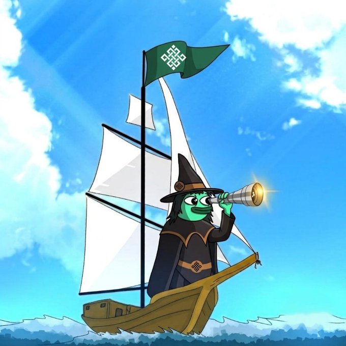 A cartoon illustration of a green frog wearing a witch hat and robe, looking through a telescope from a sailboat flying a green flag with a Celtic knot symbol.