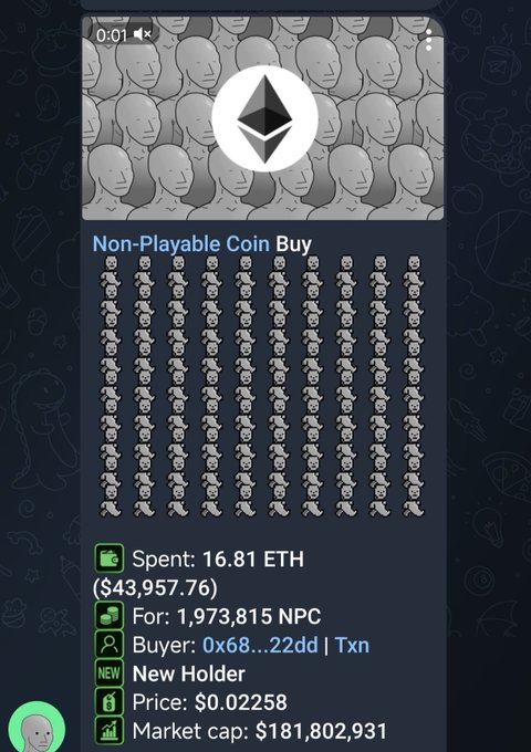 Screenshot of a cryptocurrency transaction showing a "Non-Playable Coin Buy" for 1,973,815 NPC tokens, spent 16.81 ETH ($43,957.76), with market cap listed at $181,802,931.