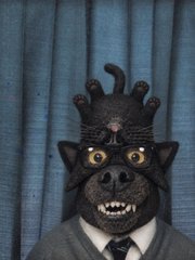 A creepy figure wearing a dog mask with large teeth, dressed in a suit and tie, standing in front of a blue curtain.