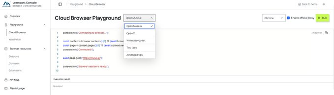 A screenshot of the 'Lighthoust Console' interface showing the 'Cloud Browser Playground' page with code execution options, displaying an 'Open Modal.js' dropdown menu.