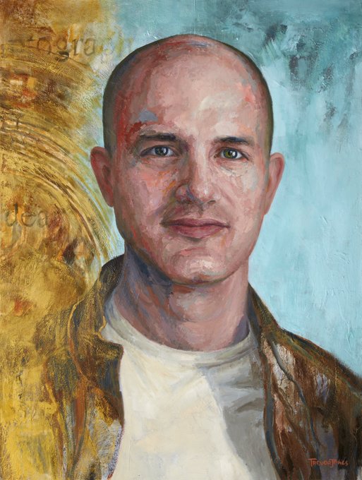 A painted portrait of a bald man wearing a white shirt and brown jacket against a textured gold and blue background, signed 'TRAVIS 25'.