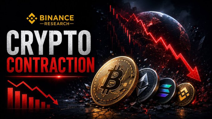 A Binance Research graphic titled 'CRYPTO CONTRACTION' featuring a red downward-pointing arrow over a cracked Earth background, alongside coins representing Bitcoin, Ethereum, Solana, and BNB.