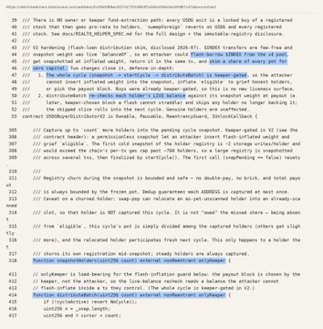A code snippet shows a Solidity smart contract function related to flash loans and registry updates, with a highlighted section revealing that an attacker exploited a bug by registering new weights multiple times to repeatedly farm payouts from the same cache cycle.