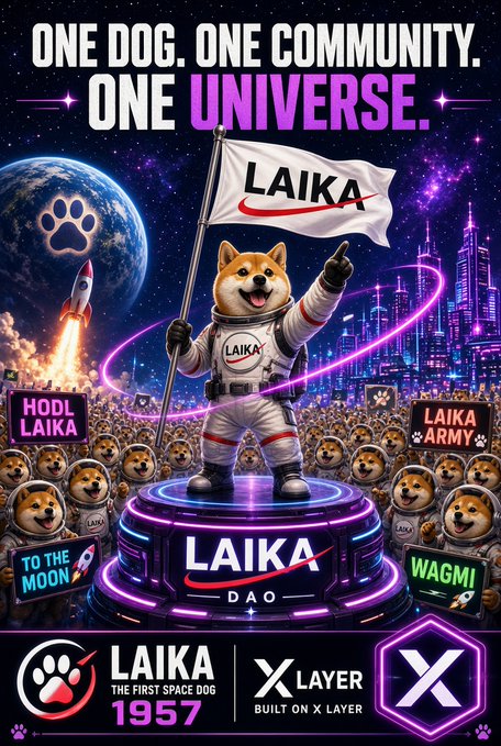 A promotional poster featuring a Shiba Inu astronaut holding a "LAIKA" flag on a neon-lit stage, surrounded by supporters, with text reading "ONE DOG. ONE COMMUNITY. ONE UNIVERSE" and branding for "LAIKA DAO," "XLAYER," and references to "THE FIRST SPACE DOG 1957" and slogans like "HODL LAIKA," "TO THE MOON," and "WAGMI."

The image directly illustrates the post's description of $LAIKA's launch on X Layer, with the cosmic space theme and Shiba Inu mascot emphasizing the project's origin story and its move to a new blockchain ecosystem.