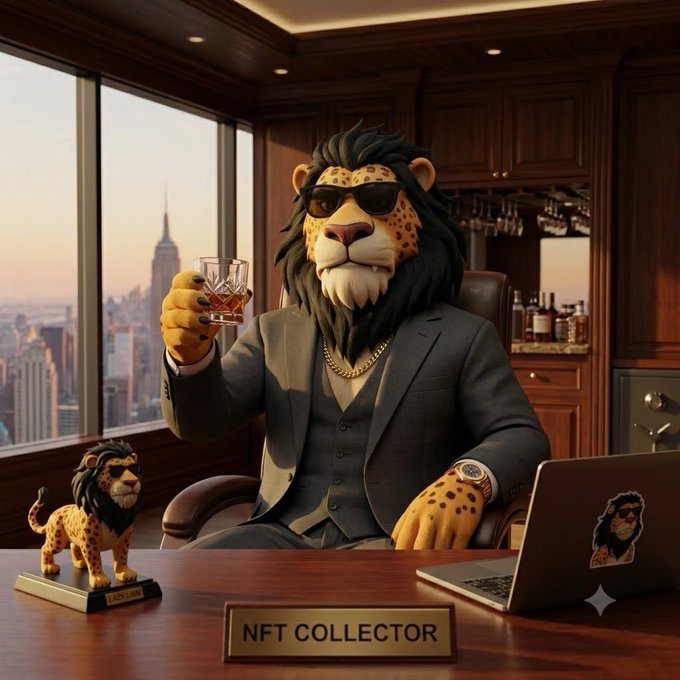 An anthropomorphic cheetah wearing sunglasses and a dark suit holds a glass of whiskey while sitting at a desk with a laptop displaying a cheetah logo, an 'NFT Collector' nameplate, and a small cheetah figurine, with a city skyline visible through the window.
