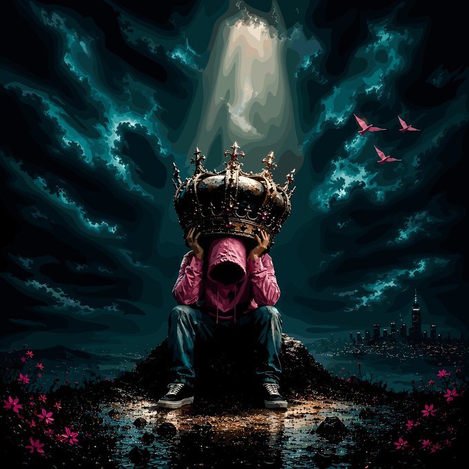 A dark, surreal digital artwork featuring a hooded figure sitting on a mound with a large crown atop their head, surrounded by a ghostly floating form, swirling teal clouds, origami birds, and a distant city skyline.