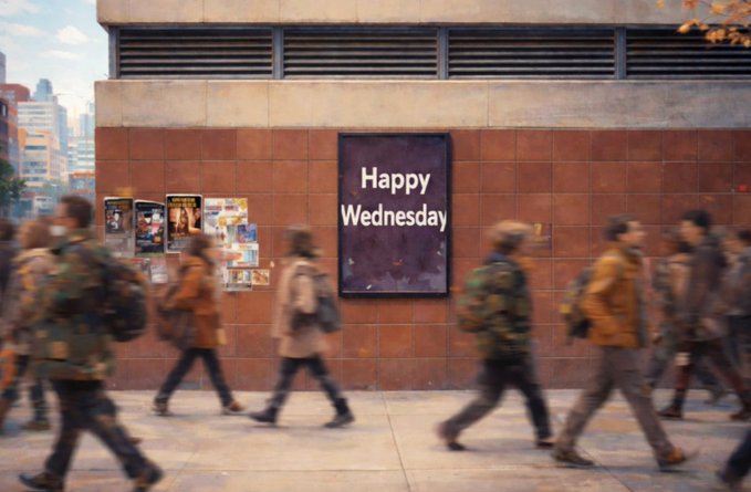 Blurred motion shot of pedestrians walking past a brick building featuring a digital sign that displays 'Happy Wednesday'.