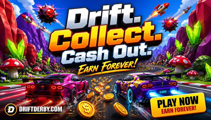 A vibrant gaming advertisement for 'Drift Derby' featuring the tagline 'Drift. Collect. Cash Out. Earn Forever!' with stylized cars, coins, and a 'PLAY NOW' button.