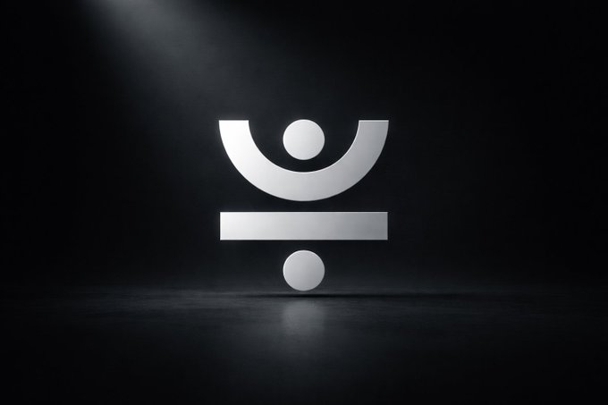 A minimalist, illuminated 3D logo consisting of a curved shape over a horizontal line, with another small circle below, set against a dark background with a spotlight effect.
