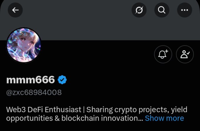 A screenshot of Twitter/X profile for "mmm666" (@zxc68984008), a verified Web3 DeFi Enthusiast, being shared as part of a promotional post claiming the account will pay $5 to anyone who uses their referral link to sign up for HTX, Bitget, or OKX.