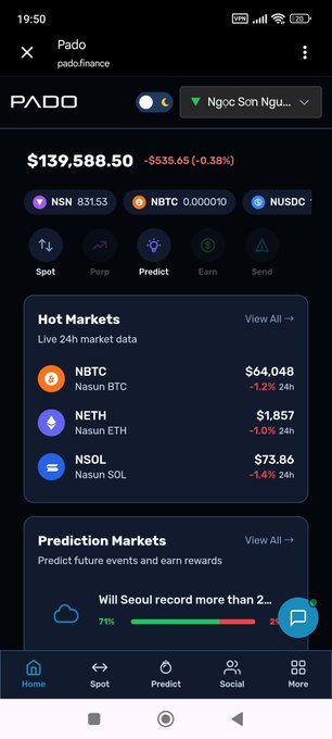 A screenshot of the Pado finance app showing a total portfolio value of $139,588.50, with tabs for Spot, Perp, Predict, Earn, and Send, and a list of Hot Markets including NBTC, NETH, and NSOL.