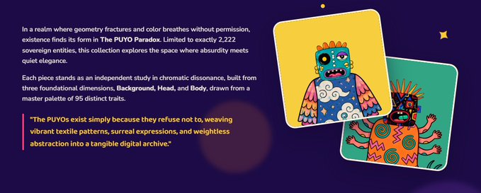 A promotional graphic titled 'The PUYO Paradox' describing a digital NFT collection of 2,222 sovereign entities featuring colorful abstract characters with text explaining the artistic concept.