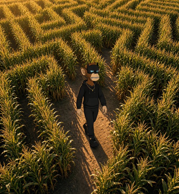 An AI-generated image of an anthropomorphic monkey character wearing sunglasses and black clothing walking through a cornfield maze at golden hour.