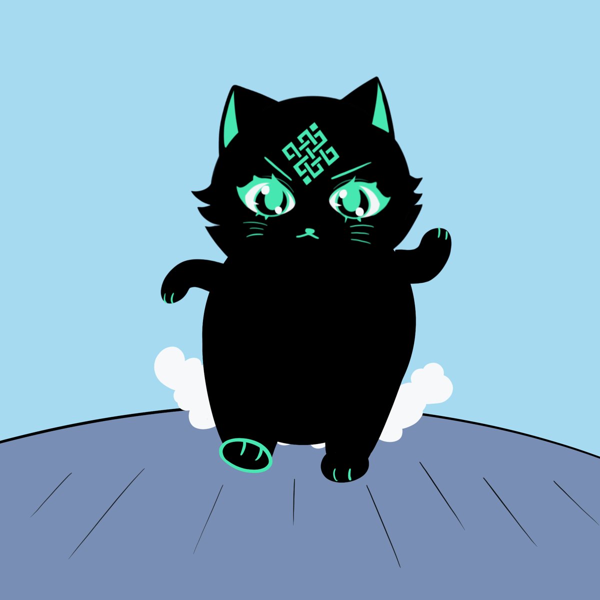 The image features a cartoon cat walking across a blue surface while wearing green eyes. The cat appears to be angry or upset as it walks towards the camera. The background of the image is a light blue color, which contrasts with the black fur of the cat. There are no other objects in the image besides the cat and its surroundings.