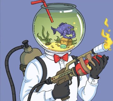 A cartoon illustration of a character with a fishbowl for a head containing a purple pufferfish, wearing a white shirt with a red bow tie and holding a flamethrower-like weapon.