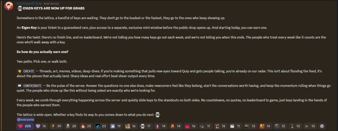 A Discord message titled 'Elgon Keys Are Now Up for Grabs' from user Deranged Quip, detailing a lore event and instructions to react with emojis (CR8TE and CERT8FY8) for different roles.