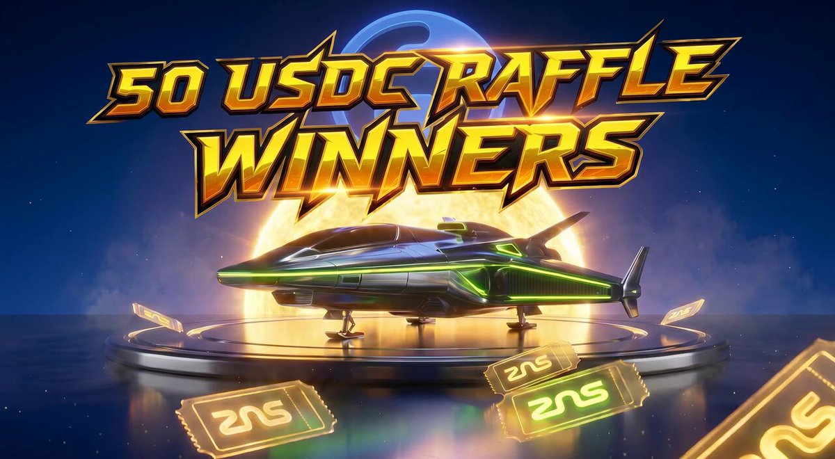 The image shows a poster with the words "50 USDC Raffle Winners" displayed above an advertisement featuring a sleek, futuristic green and black spaceship design on a silver base. There are several tickets scattered around the poster as well, which seem to be part of the raffle prize distribution.