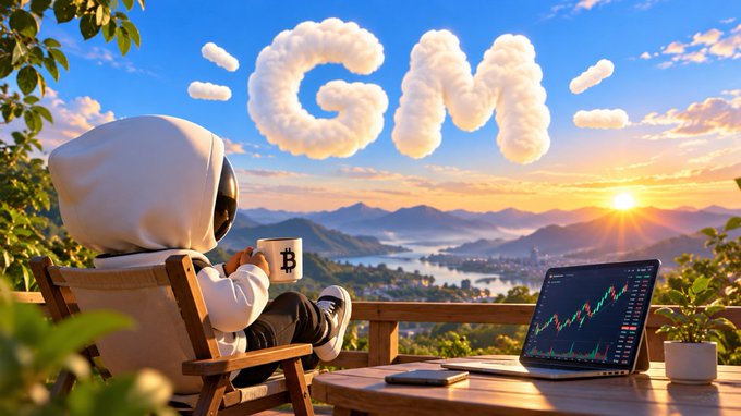 An AI-generated illustration of an astronaut in a spacesuit sitting in a chair on a balcony, drinking from a Bitcoin mug, with a laptop showing a green price chart, a sunset landscape, and clouds forming 'GM' in the sky.