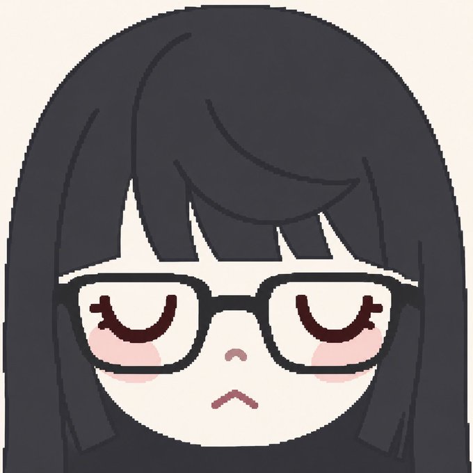A cartoon-style illustration of a girl with dark hair, glasses, and closed eyes with a frowning expression.