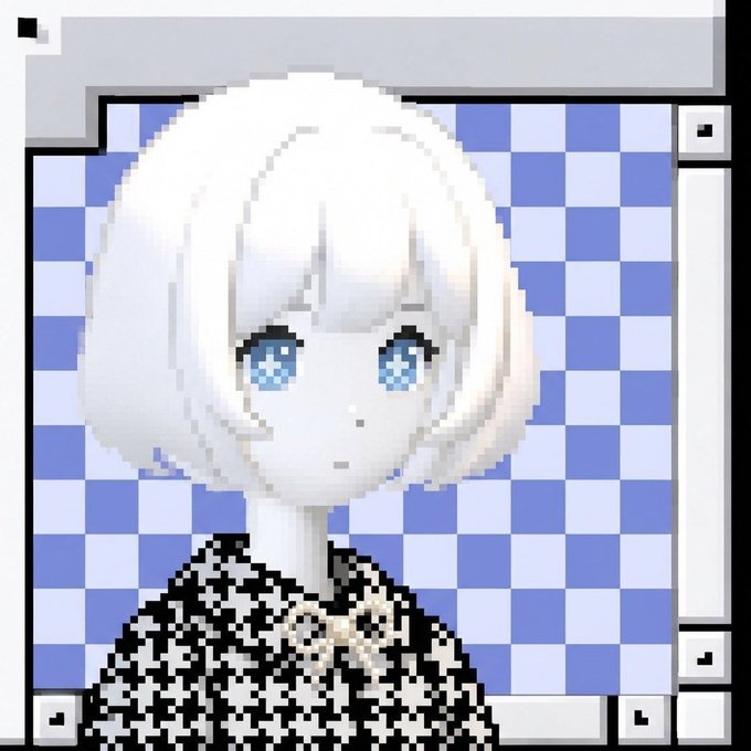 A pixel art illustration of a pale character with short white hair and blue eyes wearing a black and white patterned top against a blue checkered background.
