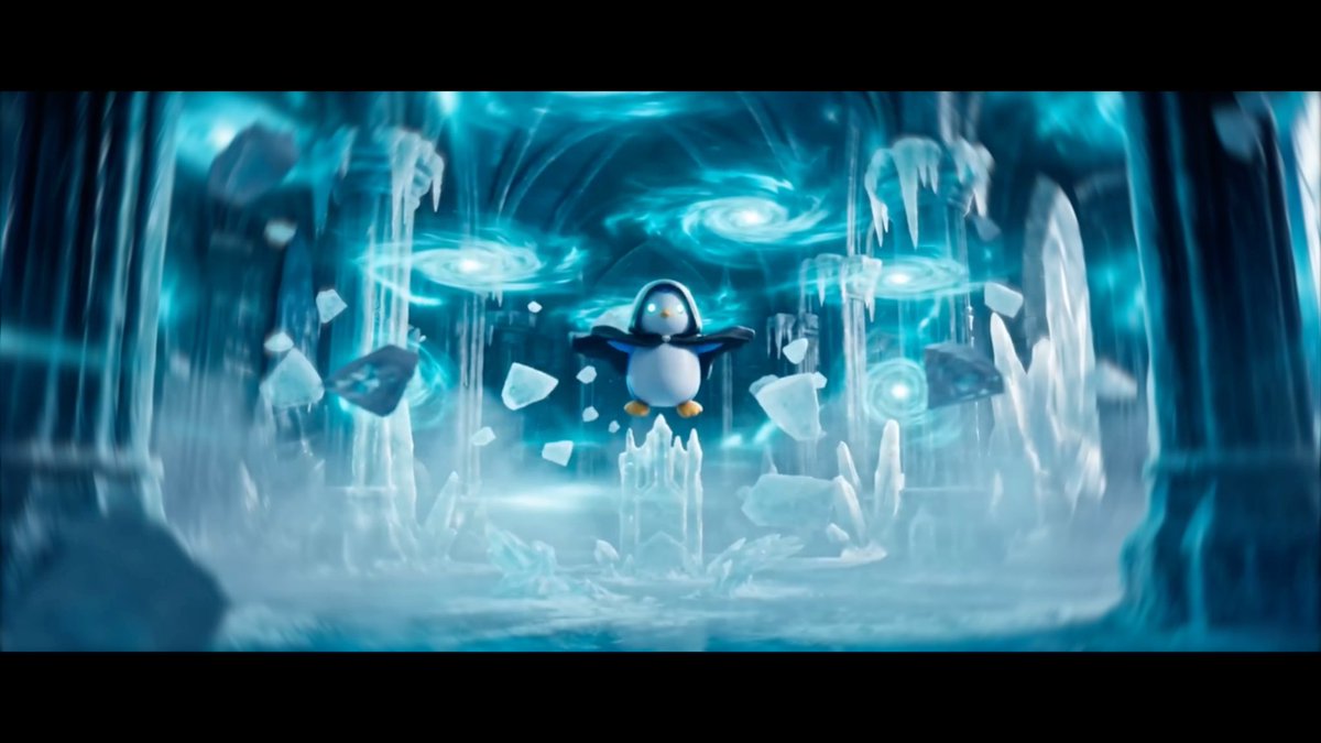 An animated scene showing a penguin standing on a snowy/icy surface surrounded by glowing blue orbs and floating ice fragments in an icy cave environment.