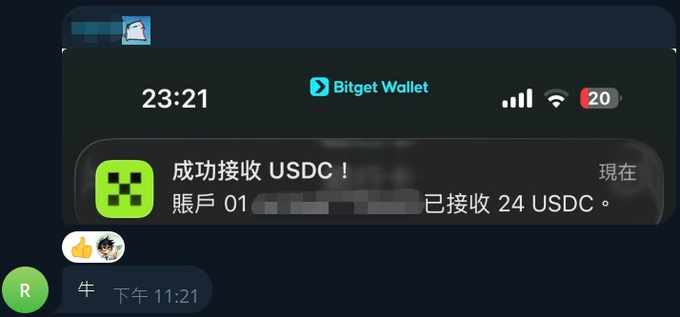 A notification from Bitget Wallet shows a successful receipt of 24 USDC to a partially-redacted account, sent at 11:21 PM. This supports the post's claim of profiting from a crypto promotion, where putting in 20 USDC yielded a return of 24 USDC.