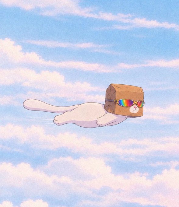 A whimsical illustration of a white cat flying through a pastel cloudy sky, wearing rainbow sunglasses and carrying a brown paper bag over its head.