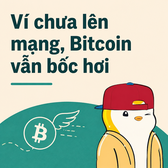 A meme-style image features a cartoon figure in a yellow jacket and red cap beside a teal surfboard-like shape with a Bitcoin logo, accompanied by Vietnamese text reading "Ví chưa lên mạng, Bitcoin vẫn bốc hơi" (Wallet not online, Bitcoin still evaporating), visually reinforcing the post's theme of stolen Bitcoin being laundered through mixing services like Wasabi and Tornado Cash.
