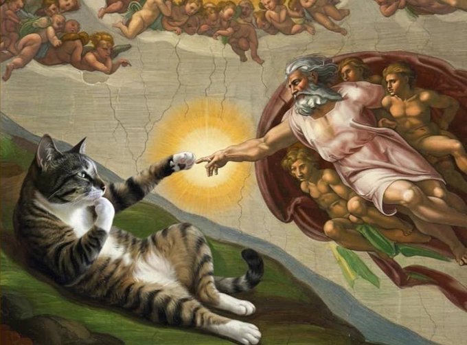 A humorous parody of Michelangelo's 'Creation of Adam' fresco where a tabby cat in the foreground reaches out its paw to high-five the figure of God, with angels surrounding them.