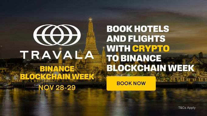 A Travala advertisement promoting bookings for the Binance Blockchain Week (Nov 28-29) using crypto to reserve hotels and flights, set against a backdrop of a lit temple at night.
