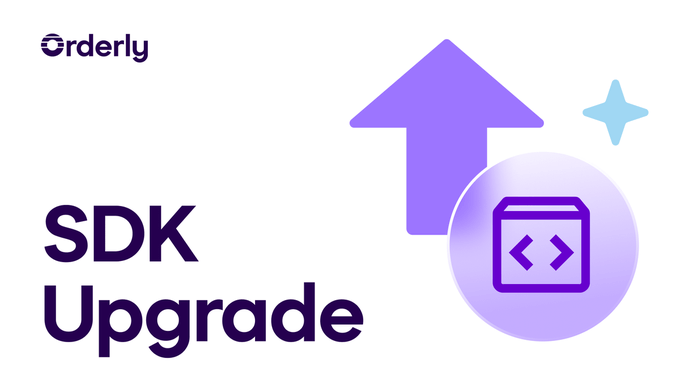 A promotional graphic for 'Orderly' featuring the text 'SDK Upgrade' alongside a purple upward arrow and a code/box icon.