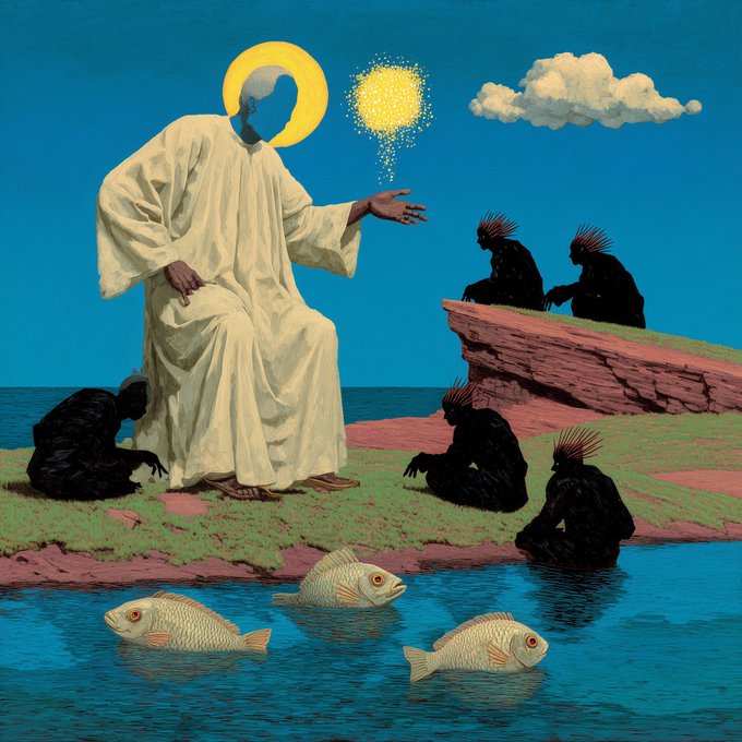 The image features a painting of Jesus Christ sitting on a rock, surrounded by fish swimming around him. The painting depicts Jesus as a figure with a white robe and a golden crown, holding out his hand towards the fish. There are several fish swimming in front of Jesus, creating an interesting scene that combines religious symbolism with aquatic life. The image is titled "Jesus Christ sits on a rock" and has been shared on social media platforms like Facebook, Instagram, and Twitter.