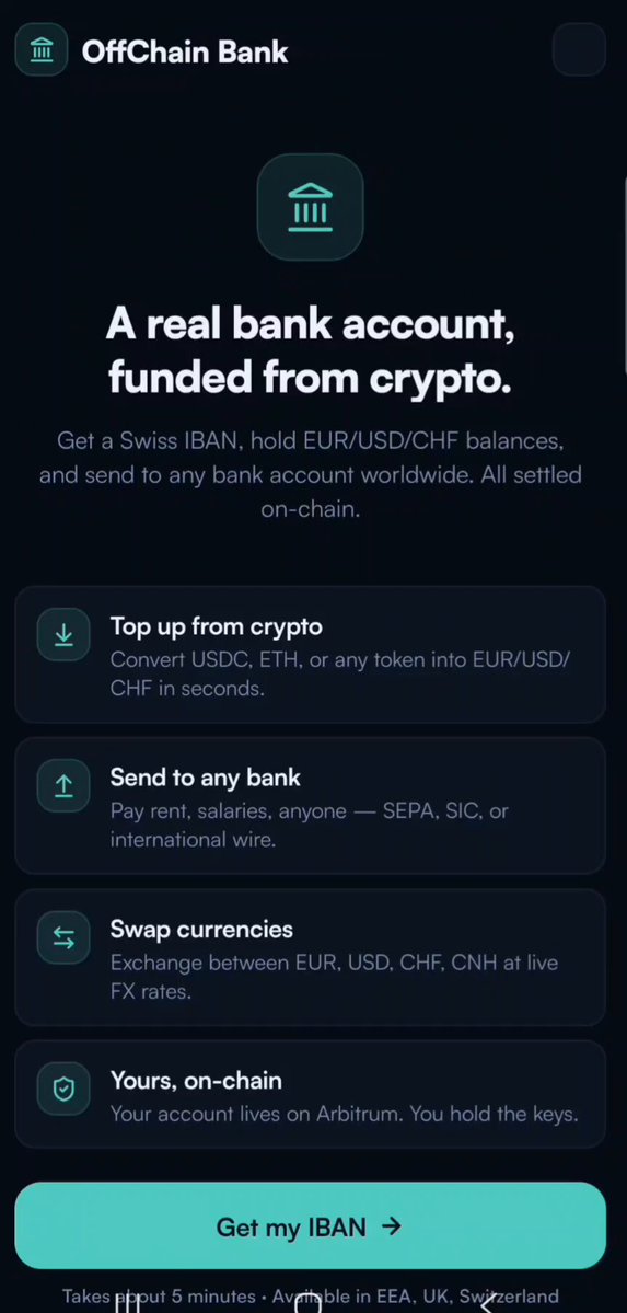 The image shows an Offchain Bank app that allows users to create a Swiss bank account directly from their wallet. The app offers various features such as creating a Swiss IBAN, transferring funds between different accounts, and converting cryptocurrency into fiat currency. It also provides options for spending or receiving Bitcoin and Ethereum. The post highlights the benefits of using Offchain Bank, including instant conversion of crypto to fiat and the ability to spend Bitcoins directly from their wallet.