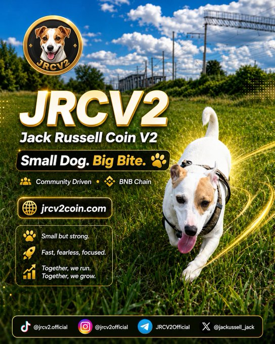 A promotional graphic for 'JRCV2 Jack Russell Coin V2' featuring a Jack Russell terrier running in a field, with the tagline 'Small Dog. Big Bite.' and social handles @jrcv2.official across platforms.