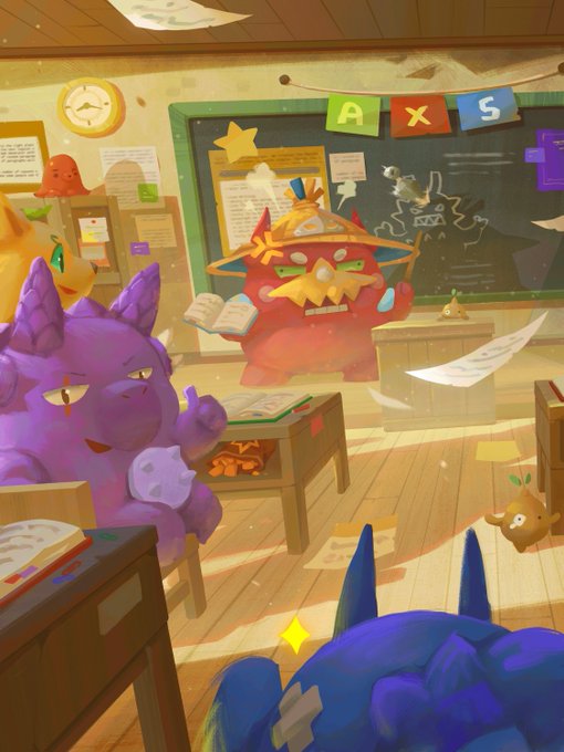 A whimsical classroom scene features colorful monster teachers, including a mustached red teacher in a star-decorated hat holding a book, a purple cat-like teacher at a desk with an open drawer full of gold coins, and a grumpy yellow teacher, all amidst floating papers. A chalkboard reads "AXS" with lesson diagrams, fitting the post's celebration of educators in the Lunacia universe for World Teachers' Day.