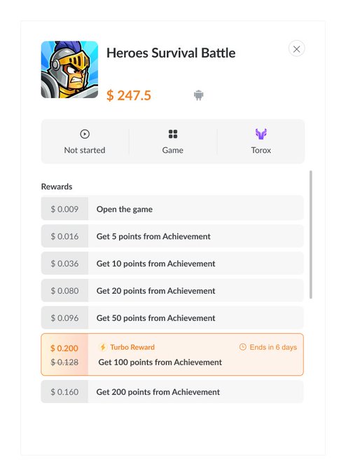 A mobile app screen shows a 'Heroes Survival Battle' game quest offering $247.5, with reward tiers ranging from $0.009 for opening the game up to $0.200 Turbo Reward for getting 100 achievement points.
