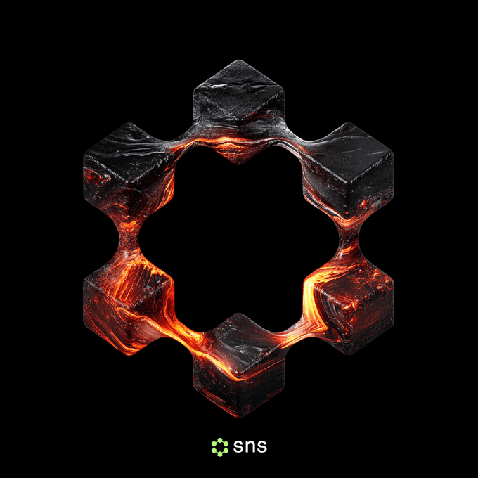 A 3D rendering of a hexagonal SNS logo with black stone texture and glowing lava-like cracks against a dark background.