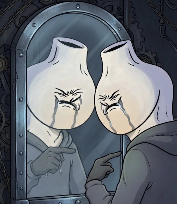 A hooded figure with a vase-shaped head cries in front of a mirror, seeing only a mirrored version of itself—symbolizing the absurdity and self-reflection of a 1,420-piece NFT collection where every single token is a unique 1/1. The dark, industrial gears in the background reinforce the chaotic and "retarded" energy referenced in the announcement.