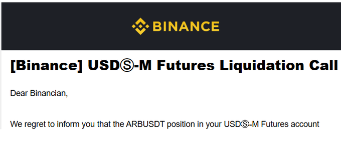 A Binance notification email titled '[Binance] USDⓈ-M Futures Liquidation Call' informing 'Dear Binancian' about the liquidation of an 'ARBUSDT' position.