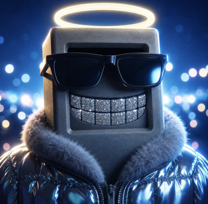 A blocky character with a glittery grin, cool shades, a glowing halo, and a puffy metallic jacket poses against a sparkly blue backdrop. The flashy, diamond-encrusted aesthetic playfully ties into the "$PRINTER" token's "diamond hands" theme, projecting an image of luxury and hype in the crypto space.
