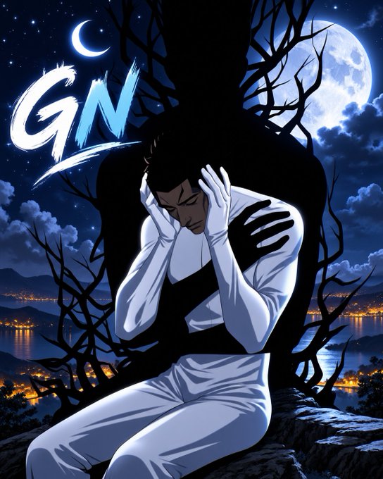 A stylized illustration with the text "GN" featuring a person in white clothing hunched over with hands on their head, as a dark shadowy figure looms behind them against a night sky with a crescent moon and full moon.