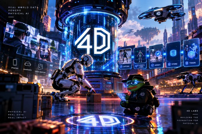 A sci-fi promotional graphic titled 'REAL WORLD DATA POWERS PHYSICAL AI' featuring the '4D' logo, robots interacting with digital interfaces, and a frog character in tactical gear with text '4D LABS'.