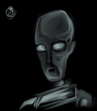 A digital painting of a gray, alien-like or otherworldly humanoid figure with large pale eyes and an elongated head, set against a dark background with a small artist signature in the upper left.