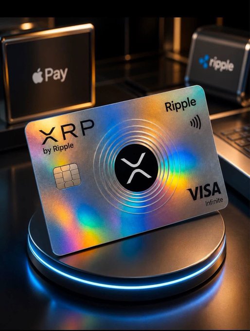 A metallic XRP by Ripple Visa Infinite credit card displayed on a lit pedestal, with Apple Pay and Ripple payment terminals visible in the background.